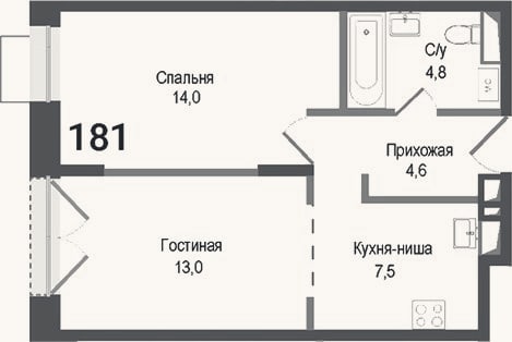 Планировка: 2-к, 43,9 м²
