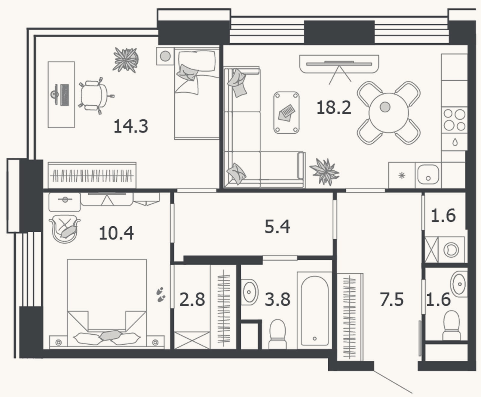 Планировка: 3-к, 65,6 м²