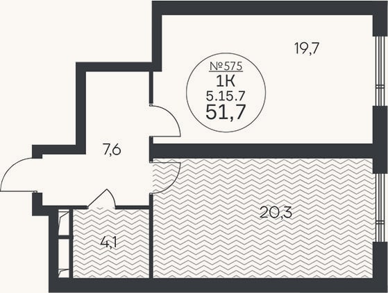 Планировка: 1-к, 51,7 м²