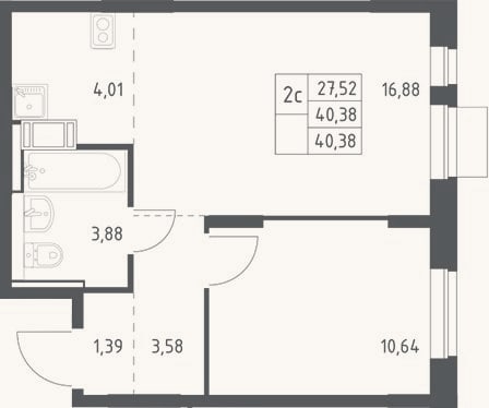 Планировка: 2-к, 40,4 м²