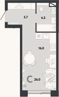 Планировка: Студия, 26 м²