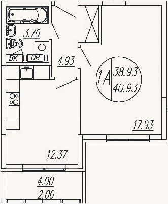 Планировка: 1-к, 38,9 м²