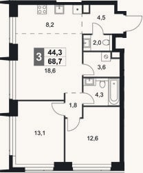 Планировка: 3-к, 68,7 м²