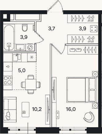 Планировка: 2-к, 42,7 м²