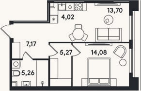 Планировка: 2-к, 49,5 м²