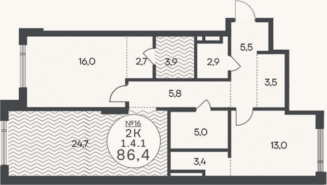 Планировка: 3-к, 86,4 м²
