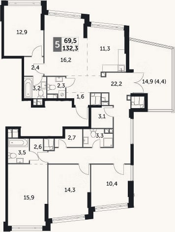 Планировка: 4+ к, 127,6 м²