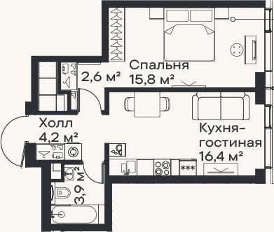 Планировка: 2-к, 42,9 м²