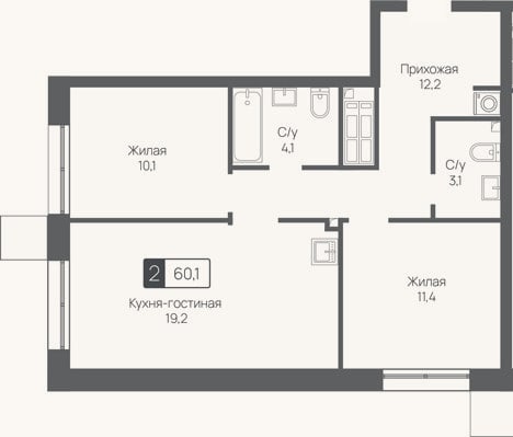 Планировка: 3-к, 60,1 м²