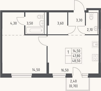 Планировка: 2-к, 47,8 м²