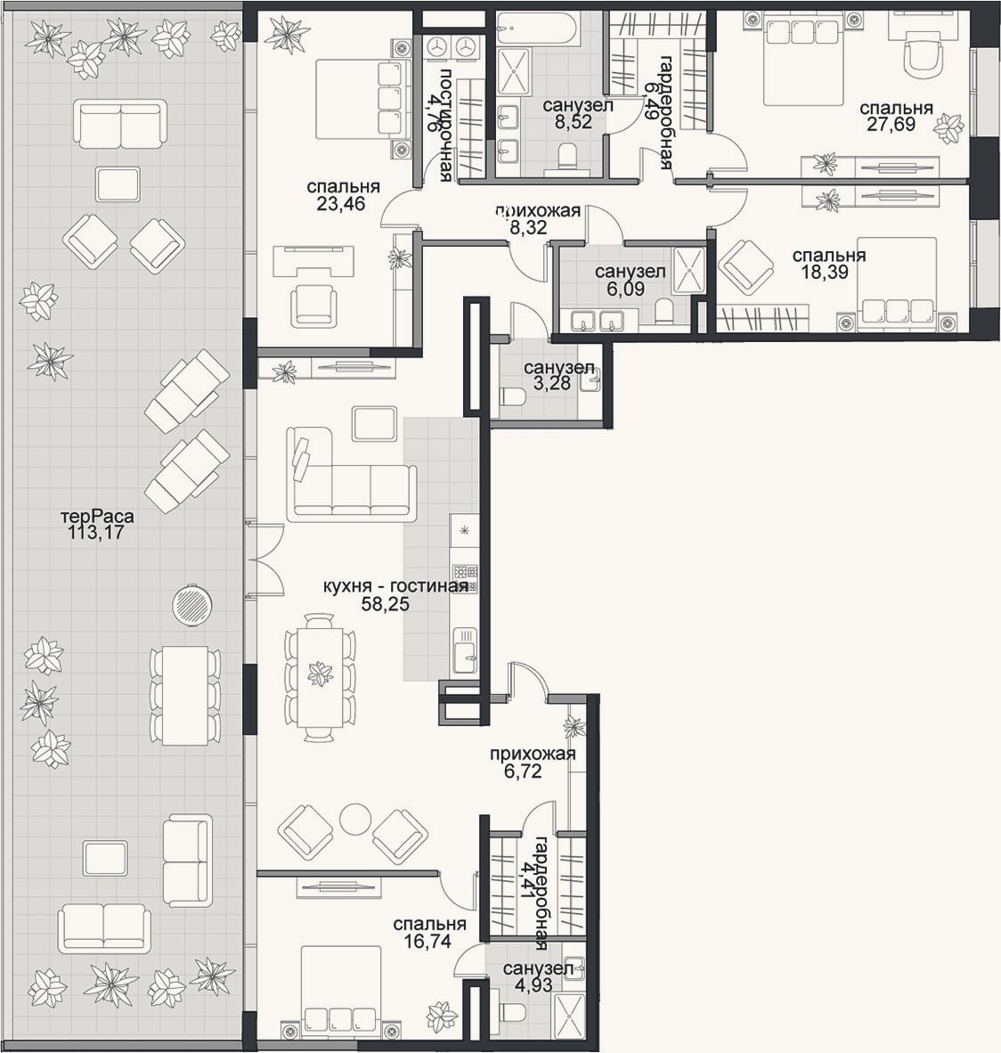 Планировка: 4+ к, 191,6 м²