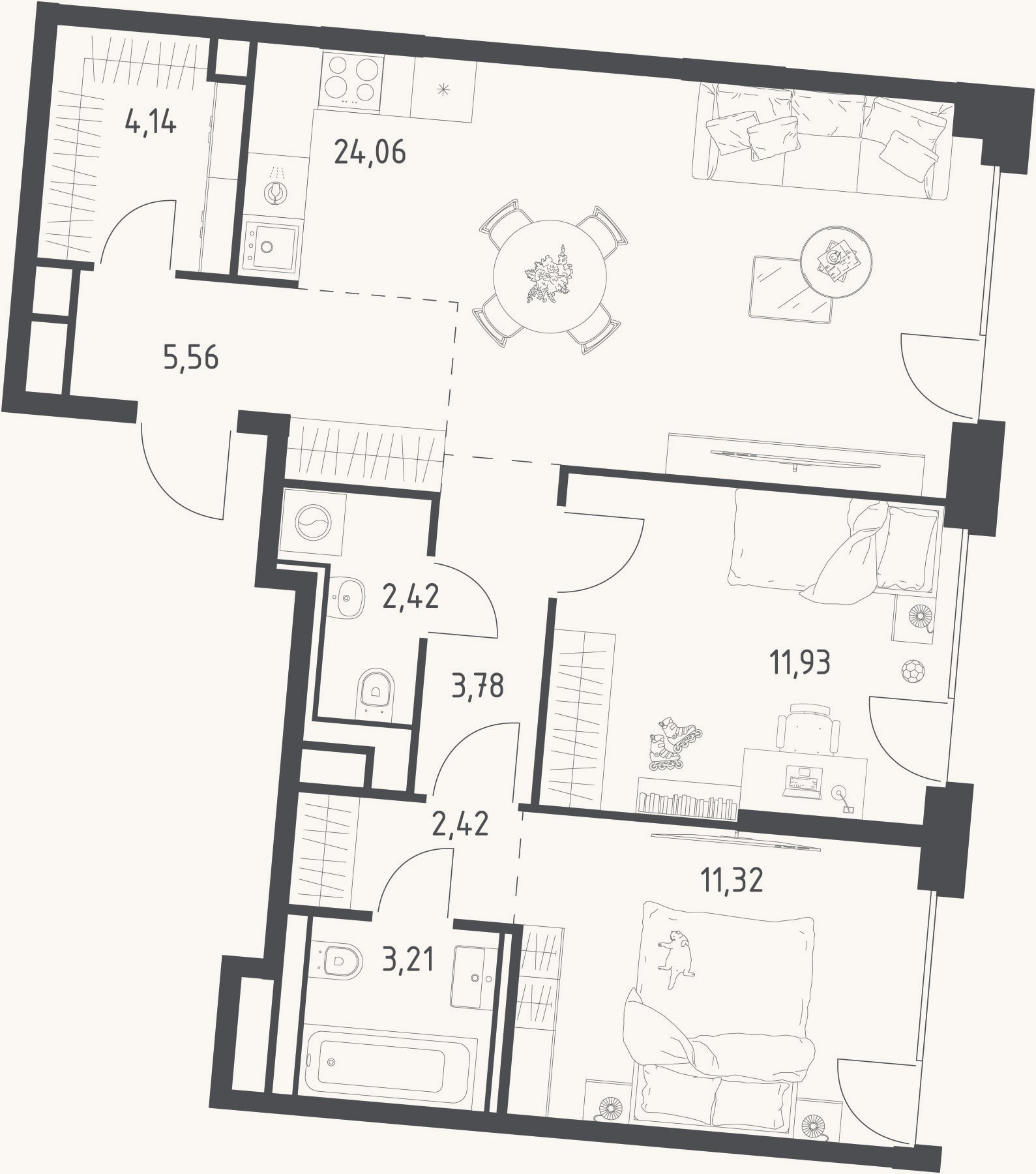Планировка: 3-к, 68,8 м²
