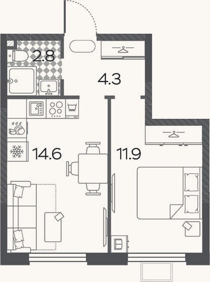 Планировка: 2-к, 33,6 м²