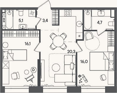 Планировка: 3-к, 65,6 м²