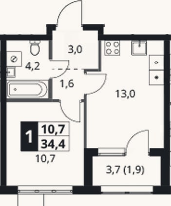Планировка: 1-к, 32,5 м²