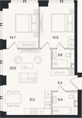 Планировка: 3-к, 72,8 м²