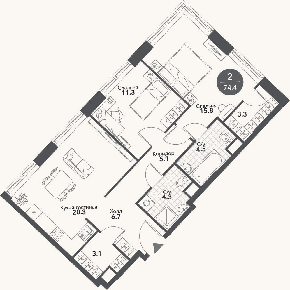 Планировка: 3-к, 74,4 м²