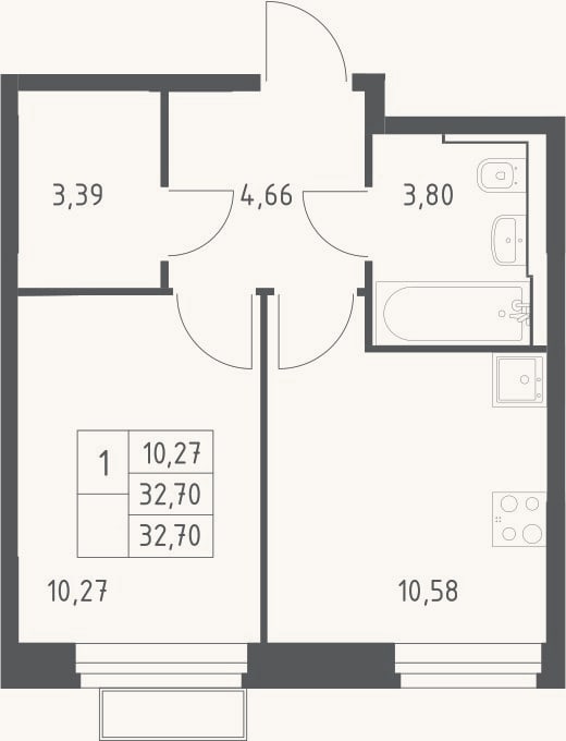 Планировка: 1-к, 32,7 м²