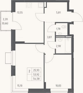 Планировка: 2-к, 53,9 м²