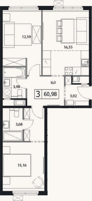 Планировка: 3-к, 61 м²