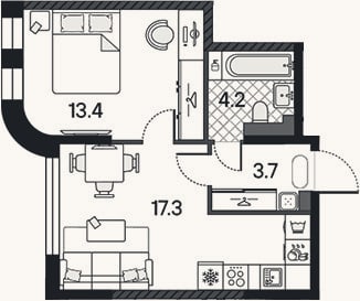 Планировка: 2-к, 38,6 м²