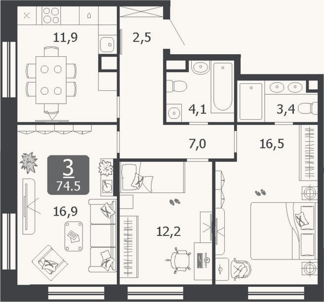 Планировка: 3-к, 74,5 м²