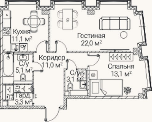 Планировка: 2-к, 68,7 м²
