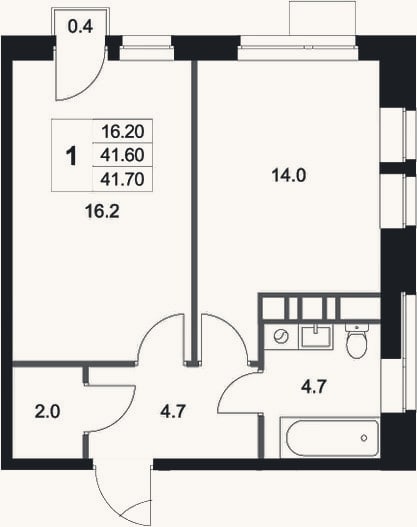 Планировка: 1-к, 41,6 м²