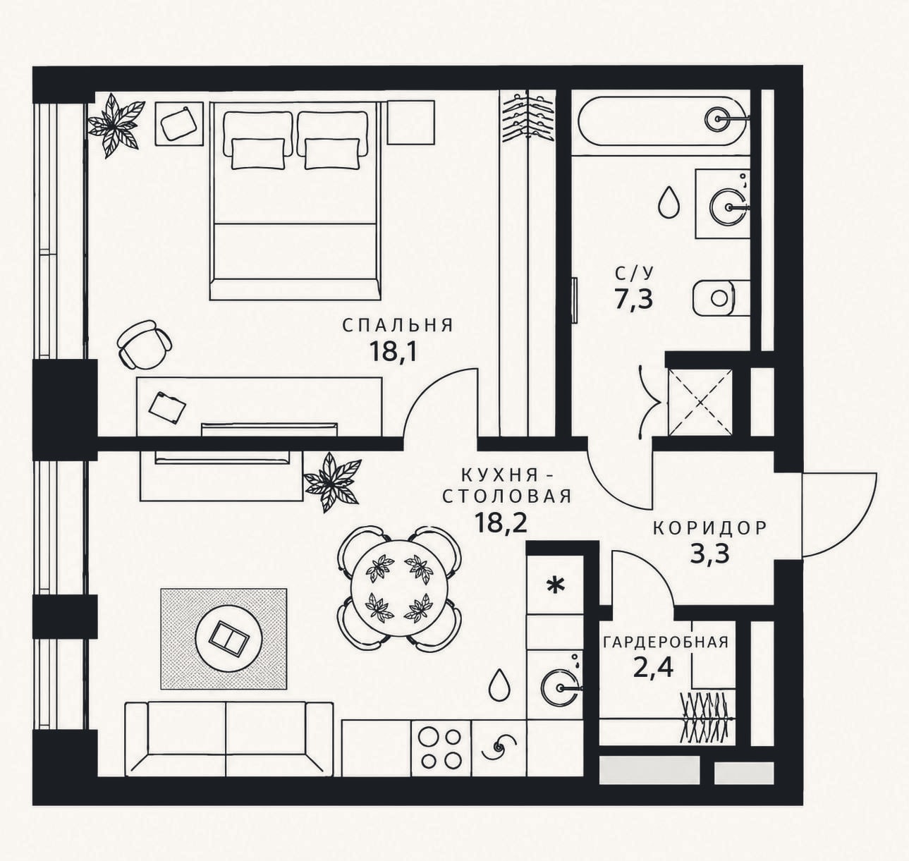Планировка: 2-к, 49,3 м²