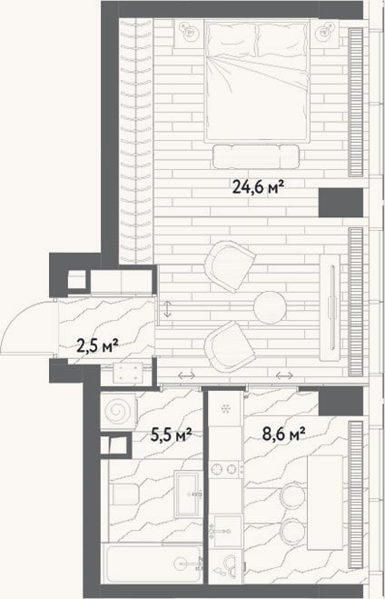 Планировка: 1-к, 41,2 м²