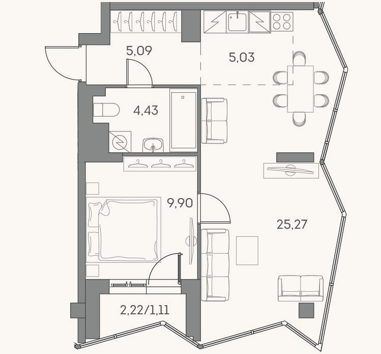 Планировка: 2-к, 49,7 м²