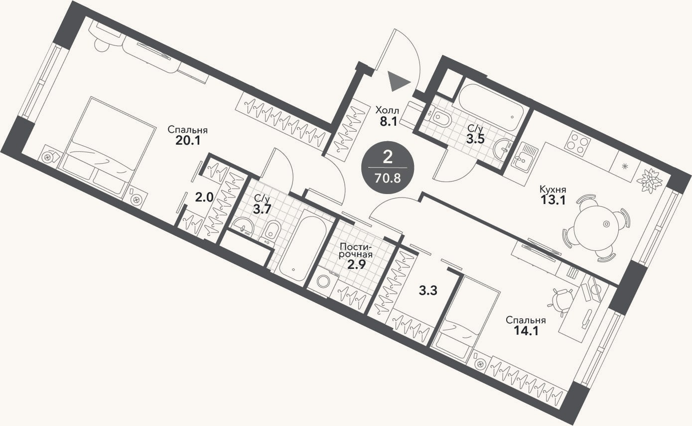 Планировка: 2-к, 70,8 м²
