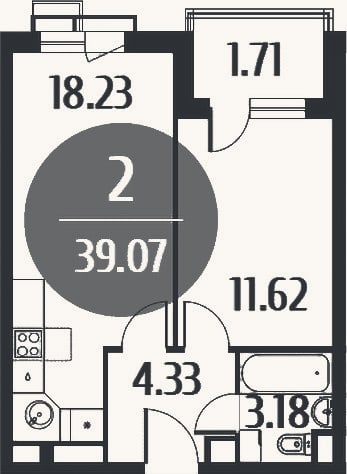 Планировка: 2-к, 37,4 м²