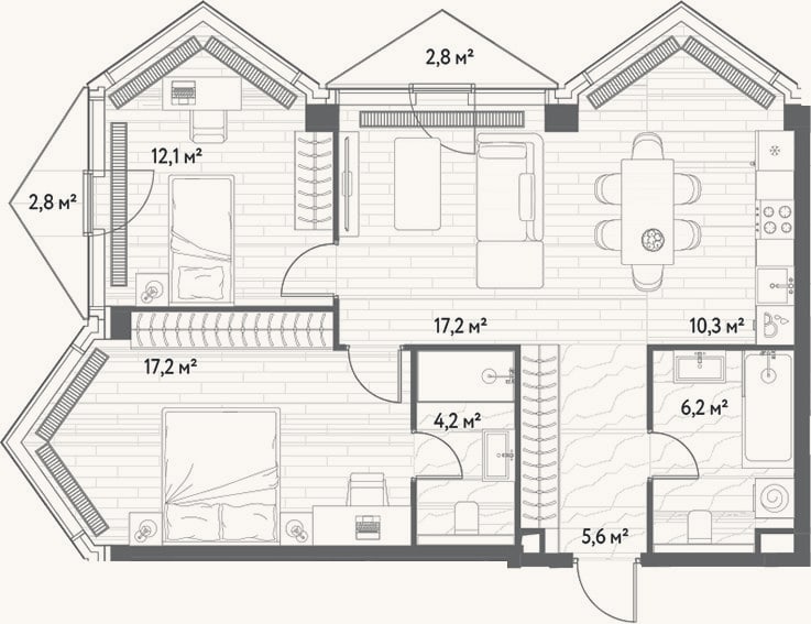Планировка: 3-к, 72,7 м²