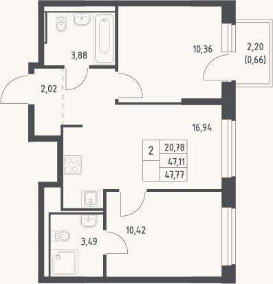 Планировка: 3-к, 47,1 м²