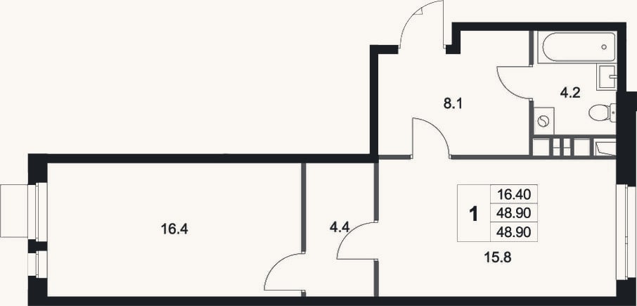 Планировка: 1-к, 48,9 м²