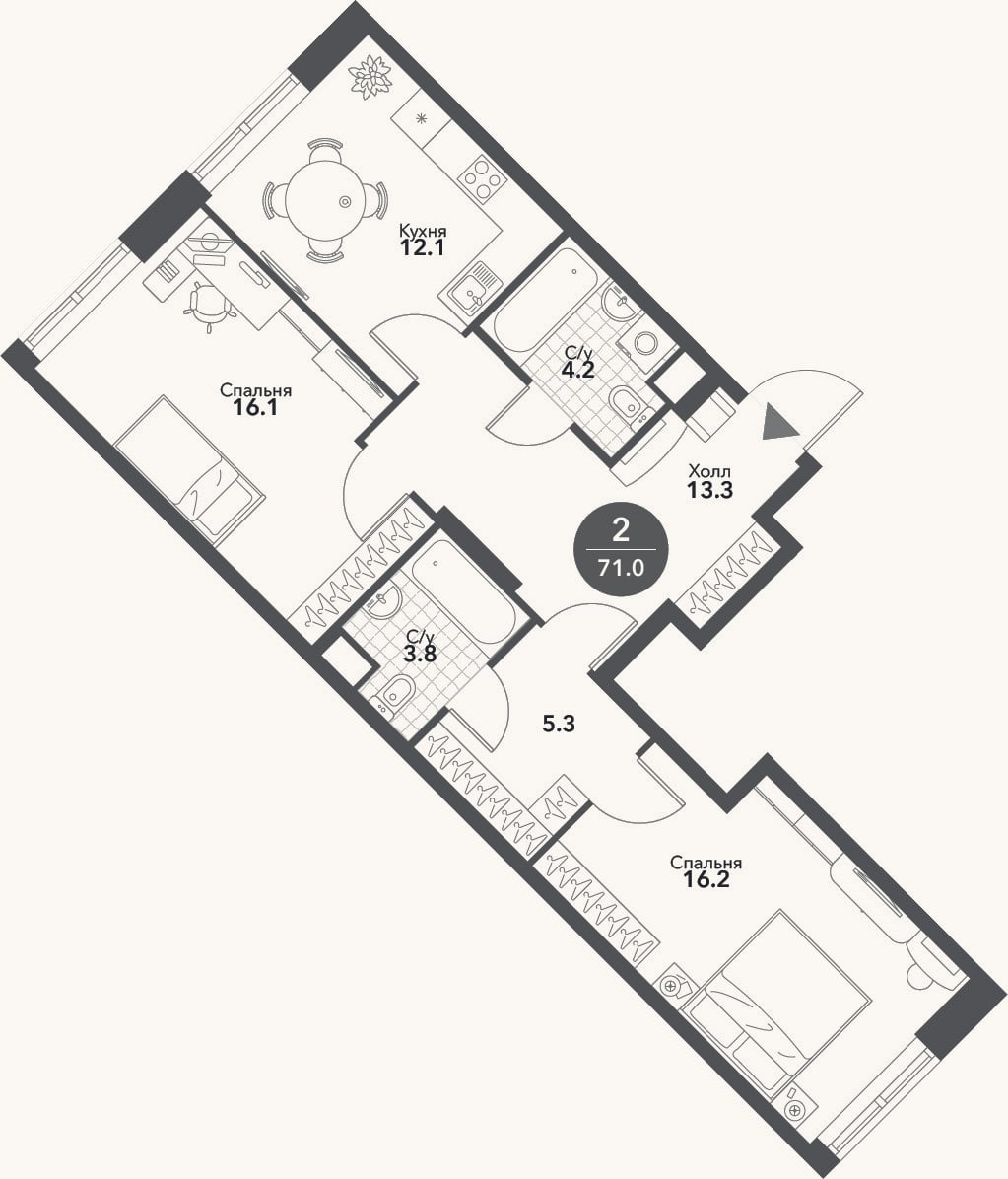 Планировка: 2-к, 71 м²