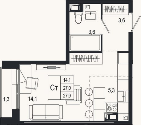 Планировка: Студия, 27 м²