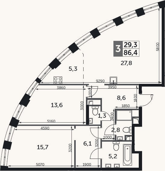Планировка: 3-к, 86,4 м²