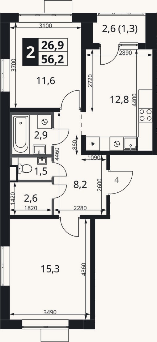 Планировка: 2-к, 54,9 м²