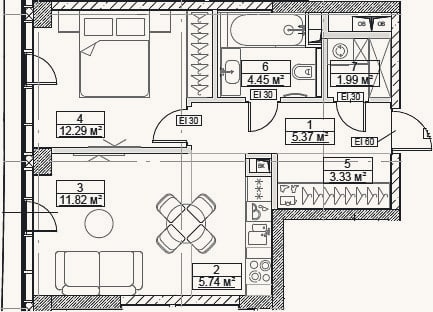 Планировка: 2-к, 45 м²