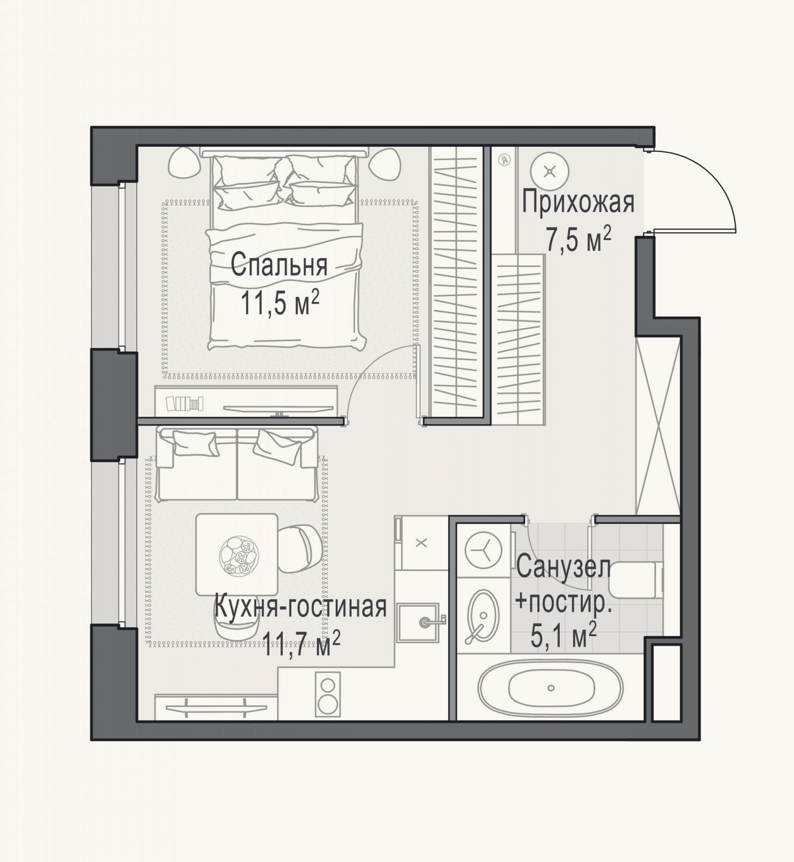 Планировка: 1-к, 35,5 м²