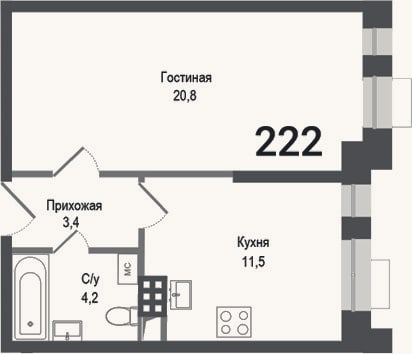 Планировка: 1-к, 39,9 м²