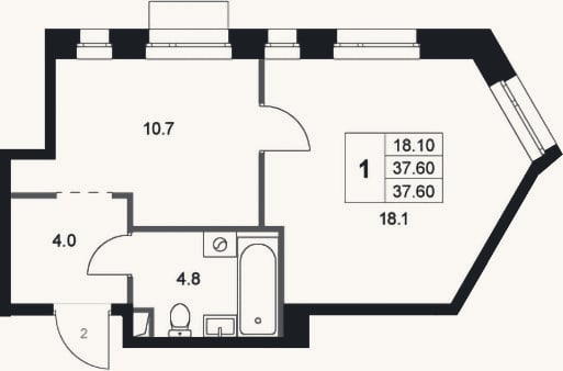 Планировка: 1-к, 37,6 м²