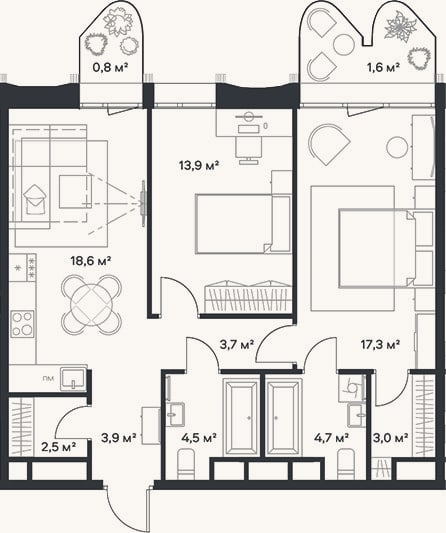 Планировка: 3-к, 72,1 м²
