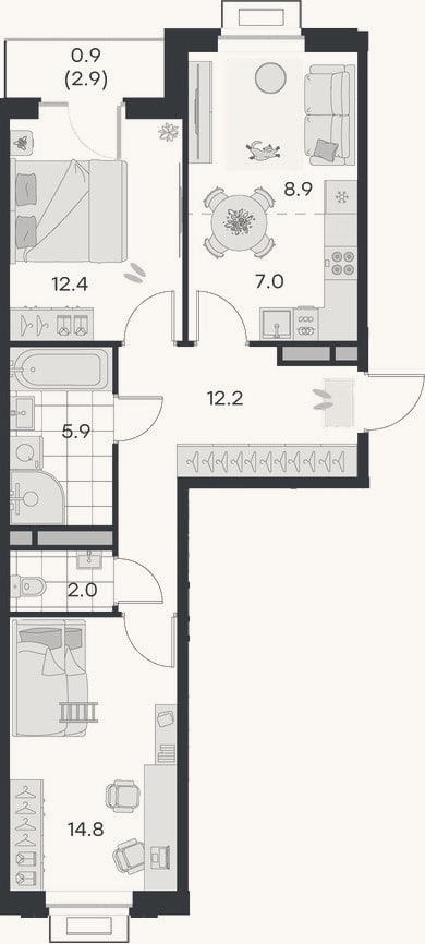 Планировка: 3-к, 63,2 м²