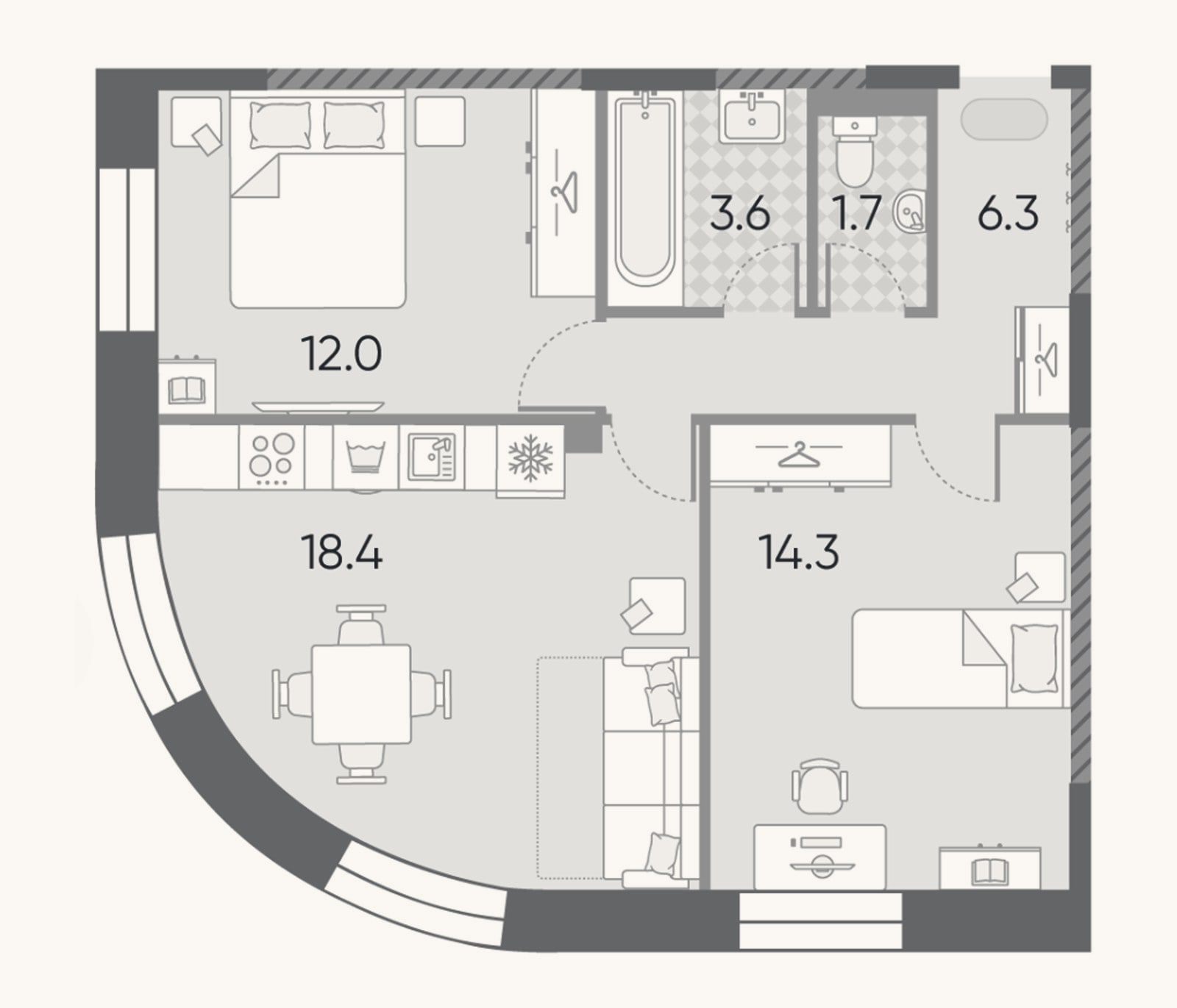 Планировка: 3-к, 56,3 м²