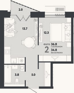 Планировка: 2-к, 34,8 м²