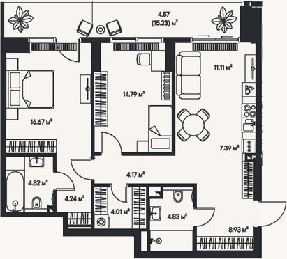 Планировка: 3-к, 81 м²