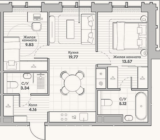 Планировка: 2-к, 55,8 м²